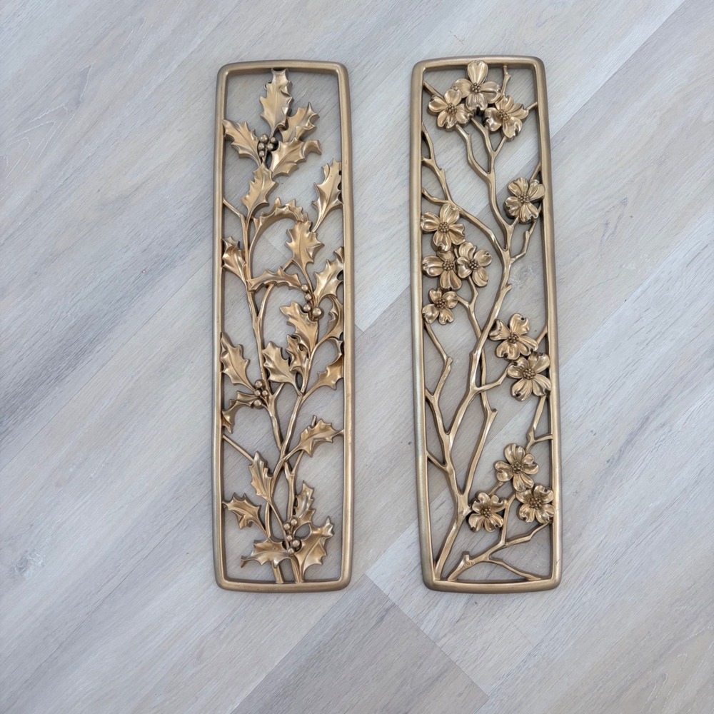 Vintage seasons Syroco Gold Wall Plaques Set of 2 Dogwood Holly Floral MCM 20x6